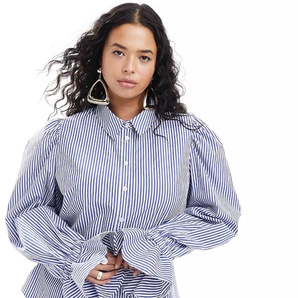 ASOS DESIGN Curve volume sleeved soft shirt with ruffle cuff blue stripe Sz 24 - Picture 5 of 7